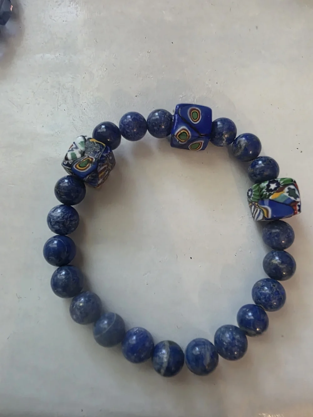 Handmade Lapis Lazuli and Millefiori Glass Stretch Bracelet